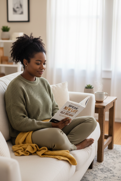 Black woman reading the book in a cosy setting