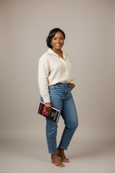 Casual Black woman holding Worth More Than Rubies book – portrait